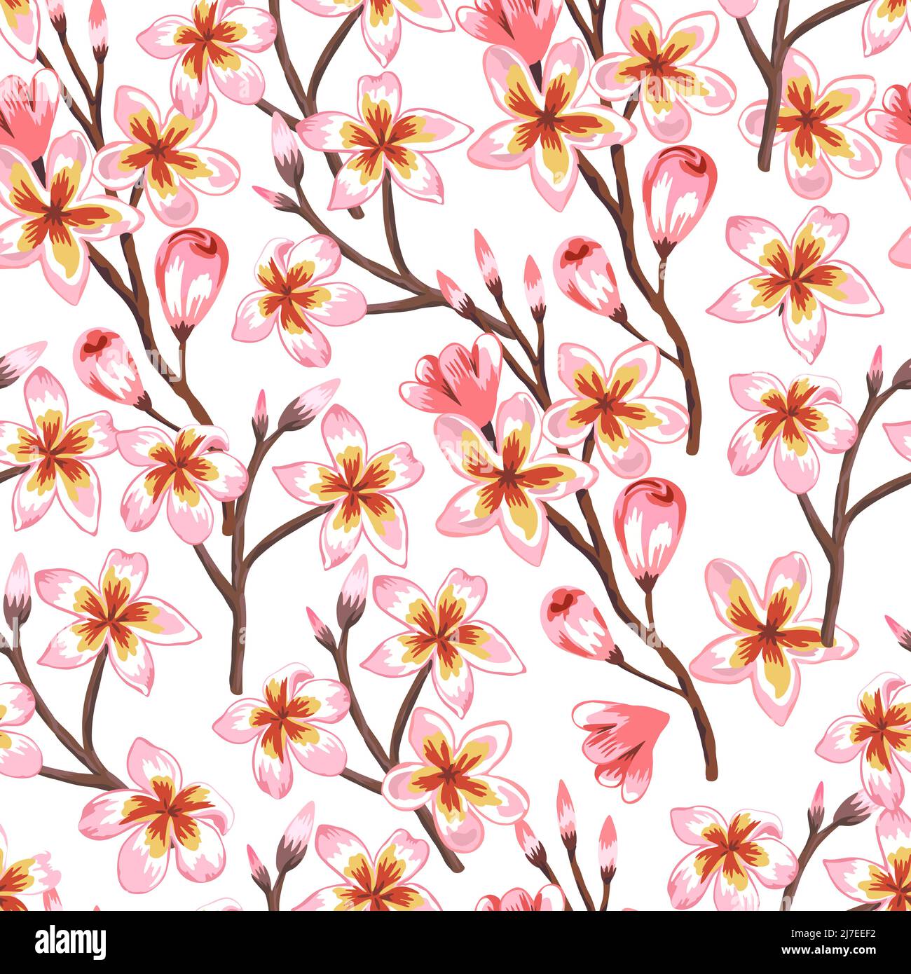 Handgezeichnetes nahtloses Muster mit blühenden Sakura-Zweigen. Stock Vektor