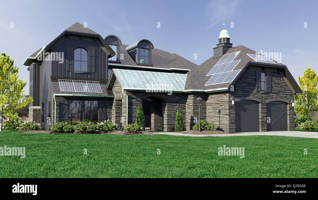 Eine architektonische Darstellung eines zeitgenössischen schwarzen Hauses mit Patina-Kupferverkleidung und Sonnenkollektoren aus dem Jahr 3D. Stockfoto