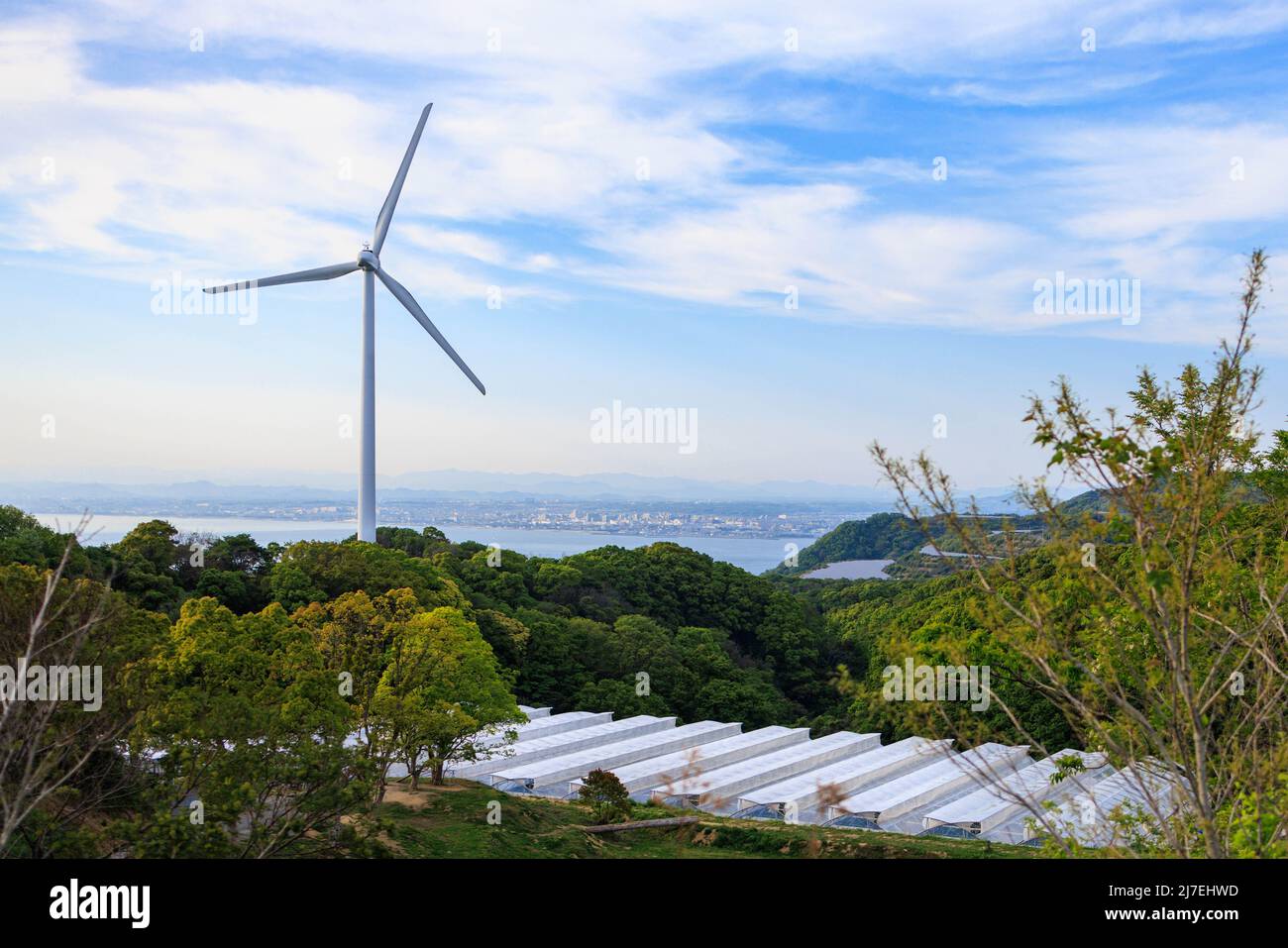 Windturbine, die sich unter hohen Wolken und blauem Himmel über einer Reihe von Gewächshäusern drehen Stockfoto