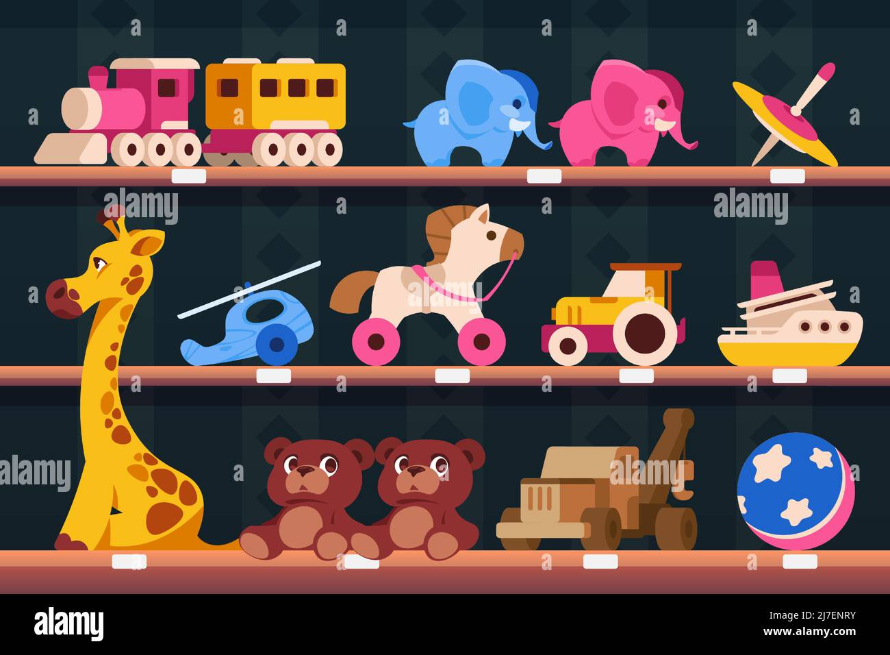 Regal mit Spielzeug. Cartoon-Shop Regale mit bunten Spielzeug für Kinder, verschiedene Transporttiere und Puzzles. Vektor Kinder Toyshop Illustration Stock Vektor