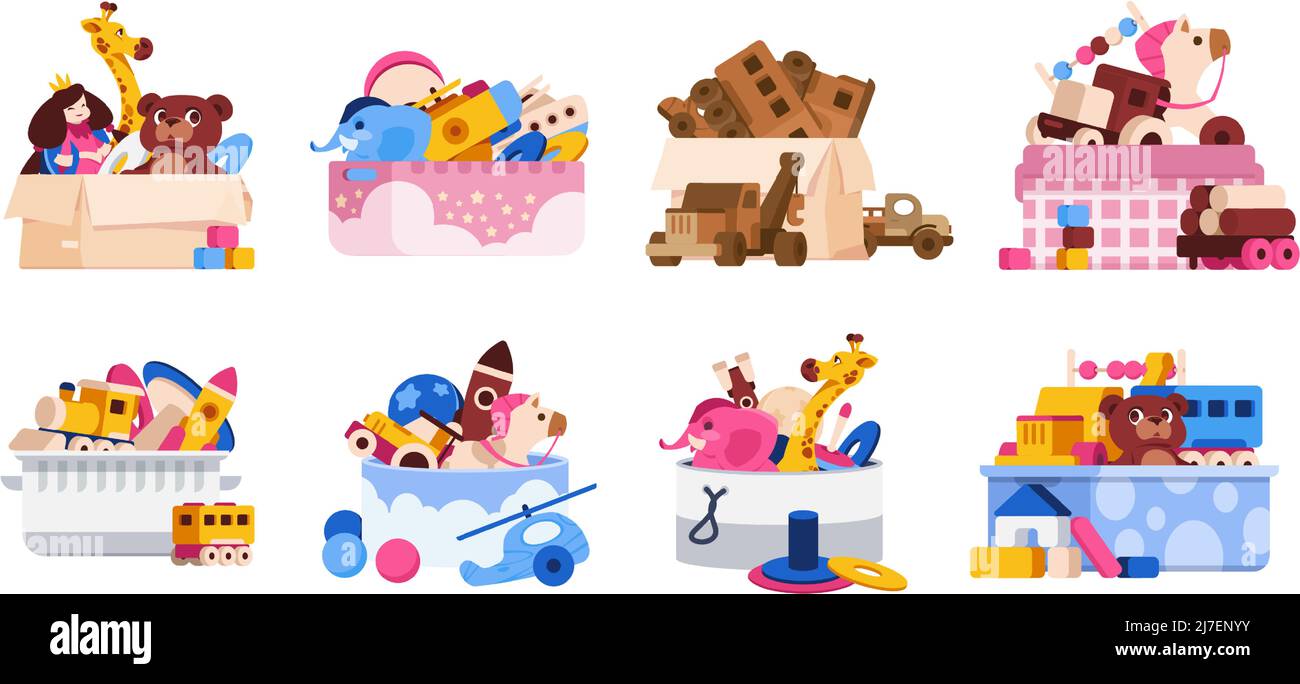 Spielzeugkiste. Cartoon bunte Behälter mit Kinderspielzeug, Transport Tiere und Puzzles, Baby Zimmer Spielzeug Organisation. Vektor-isolierter Satz Stock Vektor
