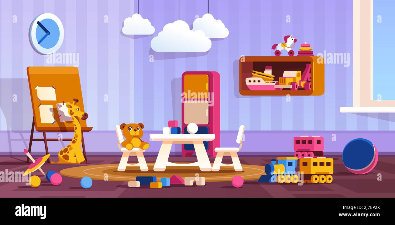 Kindergartenraum. Cartoon niedlichen Spielzimmer mit bunten Spielzeug, Vorschulklasse mit Bücherregalen und Aktivitätsspielzeug. Vektorgrafik Stock Vektor