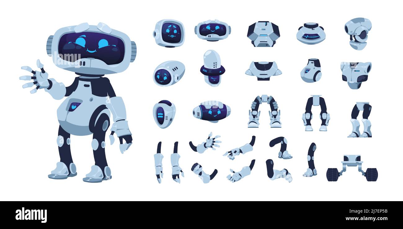 Roboteranimation eingestellt. Cartoon android-Charakter mit künstlicher Intelligenz, verschiedenen Köpfen Beine Arme und Körper. Vector niedlichen futuristischen Roboter Stock Vektor