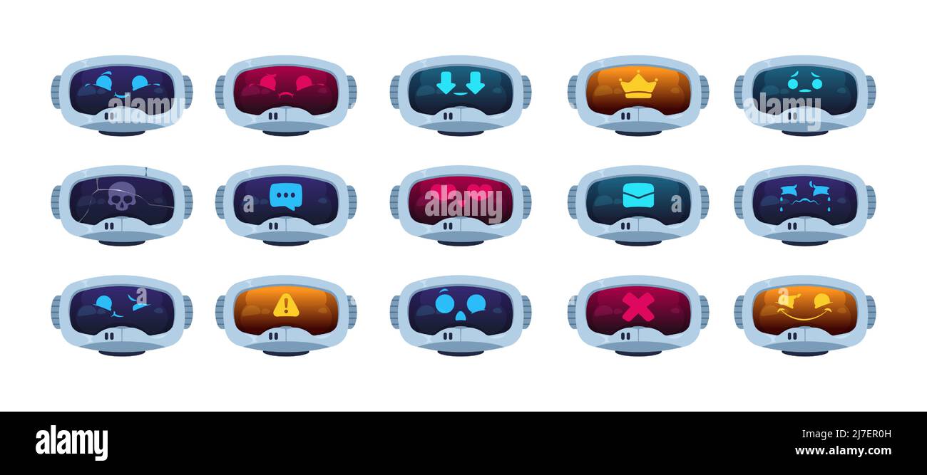 Chat-bot-Gesicht. Cartoon-Roboter-Kopf zeigen verschiedene Emotionen, Chatbot mit künstlicher Intelligenz Kommunikationskonzept. Vektorset Stock Vektor
