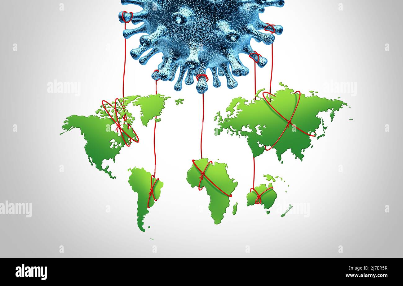 Virus globale Gesundheit und Weltgesundheit Coronavirus Ausbruch und internationale öffentliche Infektionskrankheit als tödliches Mikrobenrisiko und Grippeverbreitung oder Stockfoto