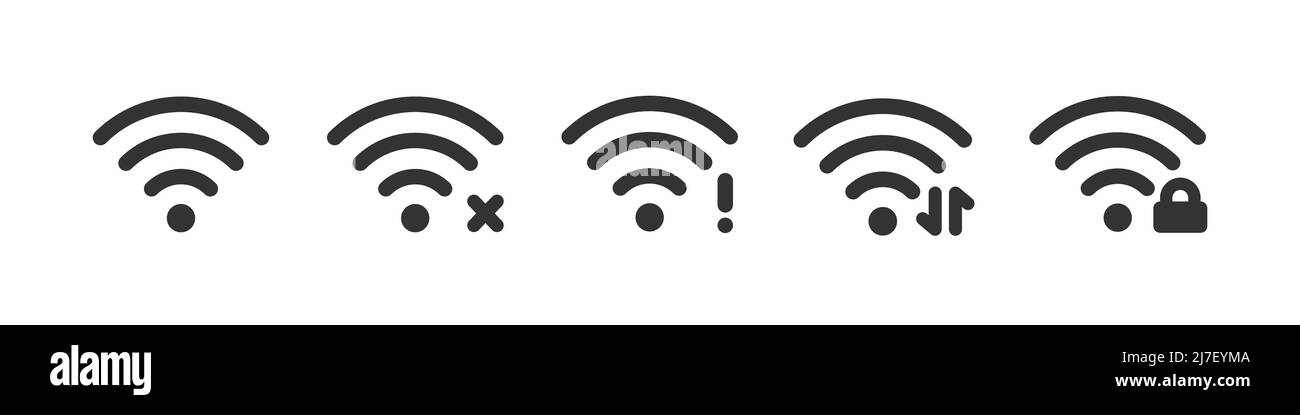 Wi-Fi-Symbole eingestellt – blockiert, Datenübertragung, Netzwerkfehler. Statussymbole für WiFi-Signale. Wireless Internet Verbindung Signal. Vektorgrafik Stock Vektor