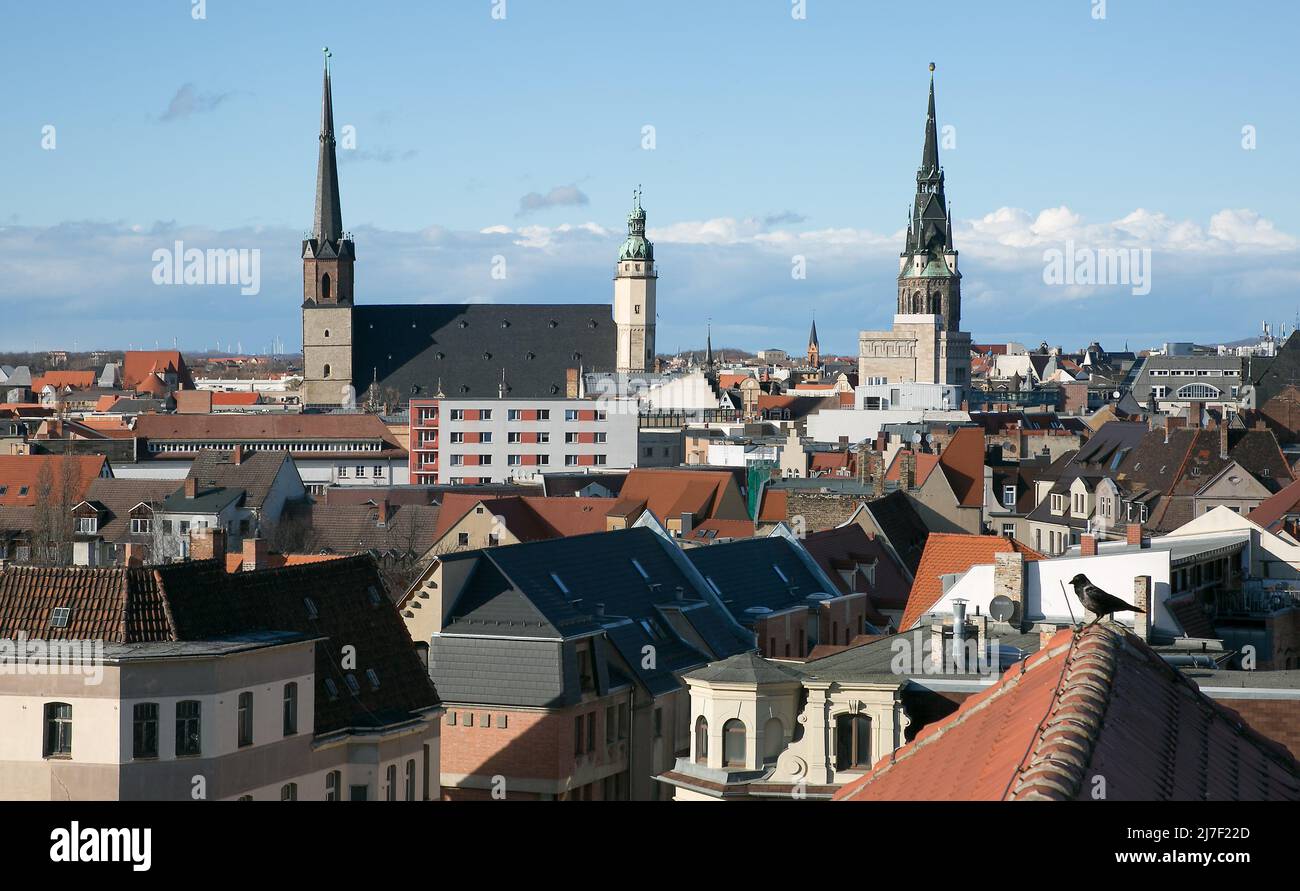 Halle S Blick zu den FÜNF TÜRMEN 4459 Fernblick vom Altan der Franckeschen Stiftungen Stockfoto