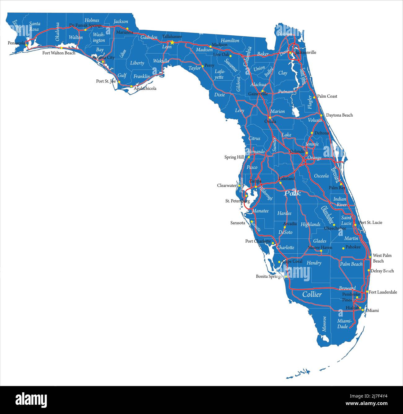 Sehr detaillierte Vektorkarte von Florida mit County Namen, Hauptstädten und Straßen. Stock Vektor