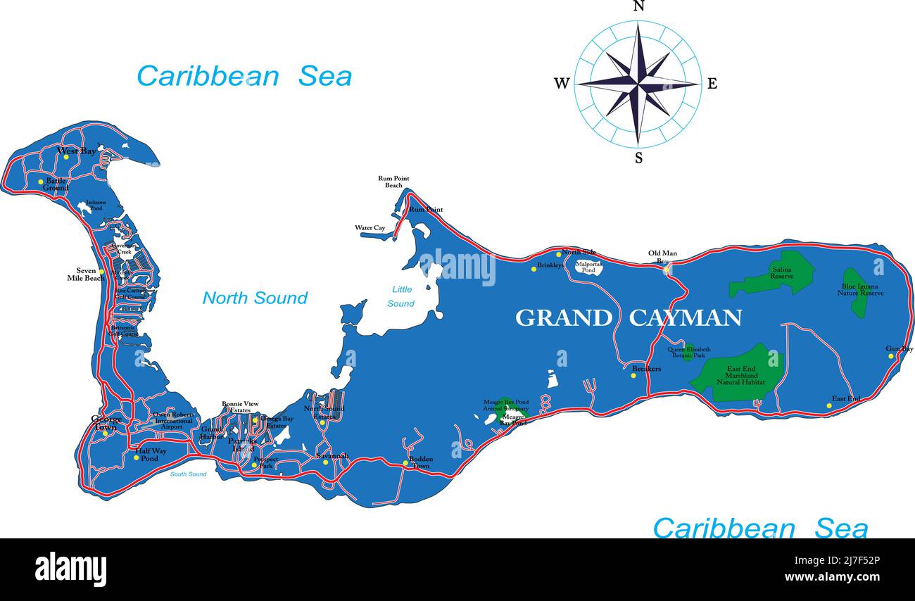 Sehr detaillierte Vektorkarte von Grand Cayman mit den wichtigsten Städten und Straßen. Stock Vektor