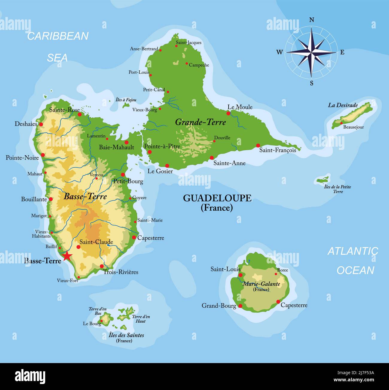 Sehr detaillierte physische Karte der Inseln von Guadeloupe, im Vektorformat, mit allen Reliefformen, Regionen und großen Städten. Stock Vektor