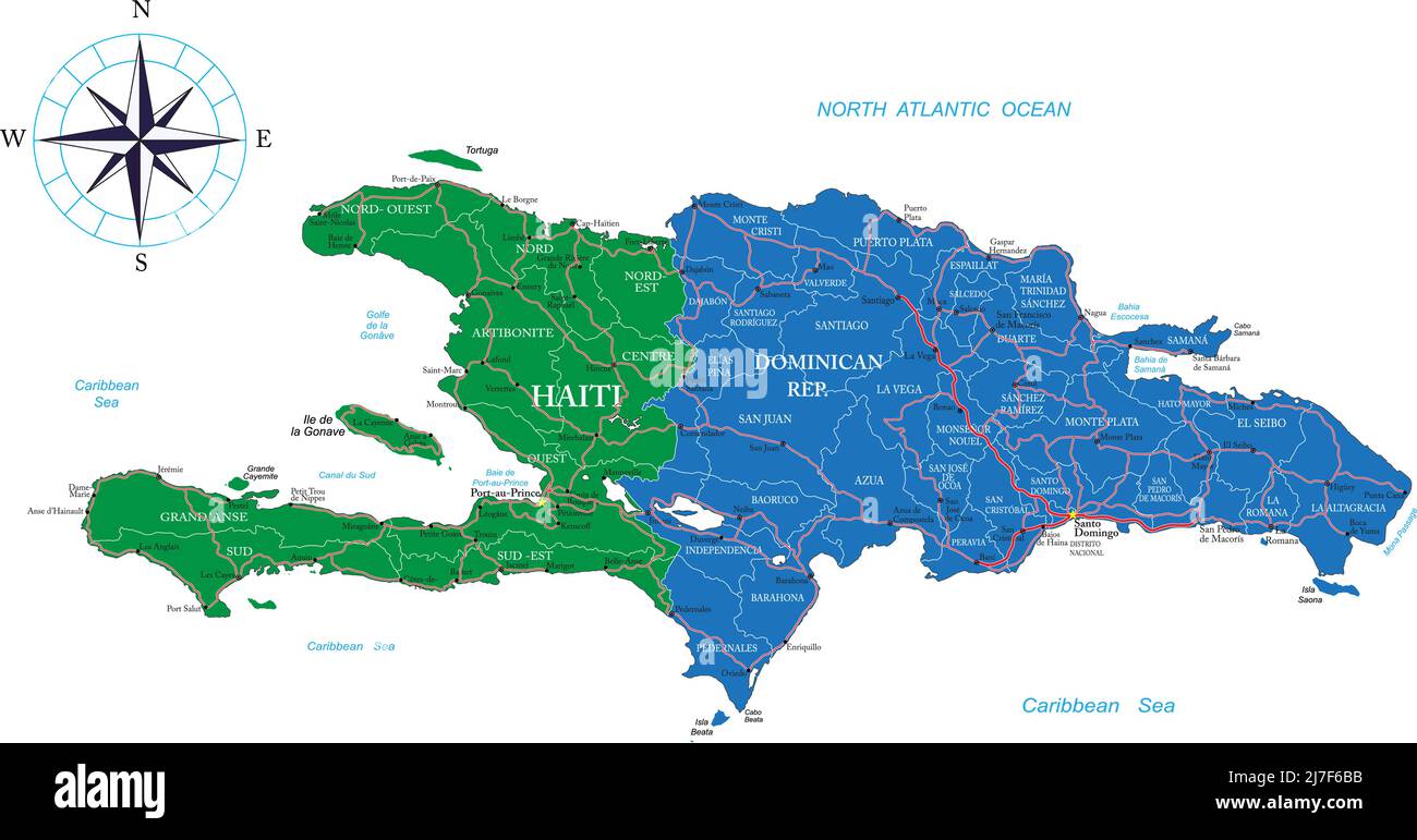 Sehr detaillierte Vektorkarte der Dominikanischen Republik und Haiti mit Verwaltungsregionen, Hauptstädten und Straßen. Stock Vektor