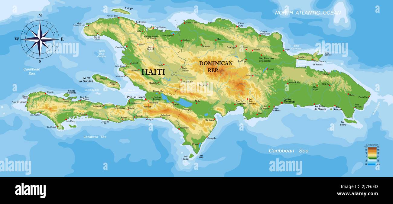 Hochdetaillierte physische Karte von Haiti und der Dominikanischen Republik, im Vektorformat, mit allen Reliefformen, Regionen und großen Städten. Stock Vektor