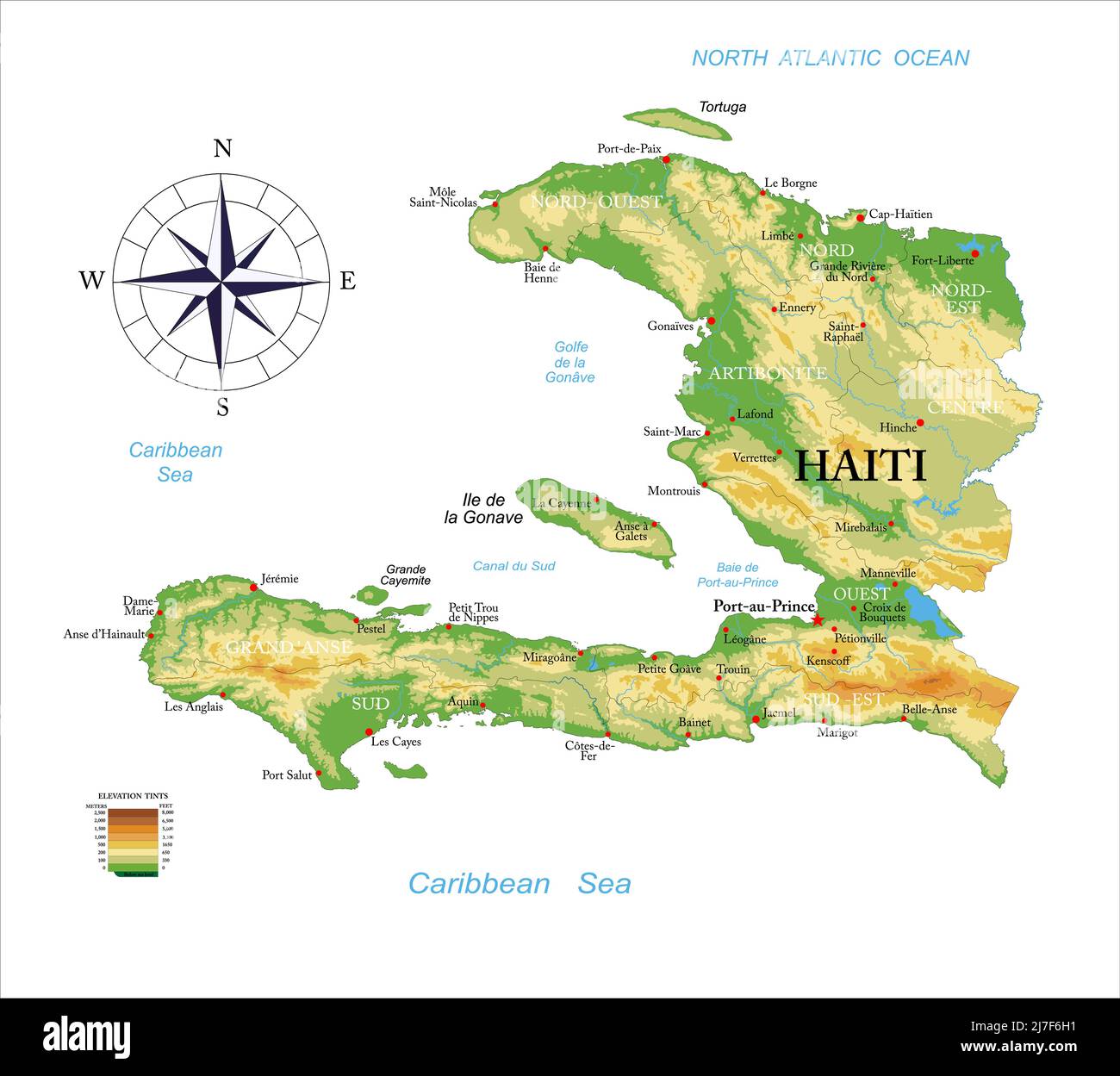 Hochdetaillierte physische Karte von Haiti, im Vektorformat, mit allen Reliefformen, Regionen und großen Städten. Stock Vektor