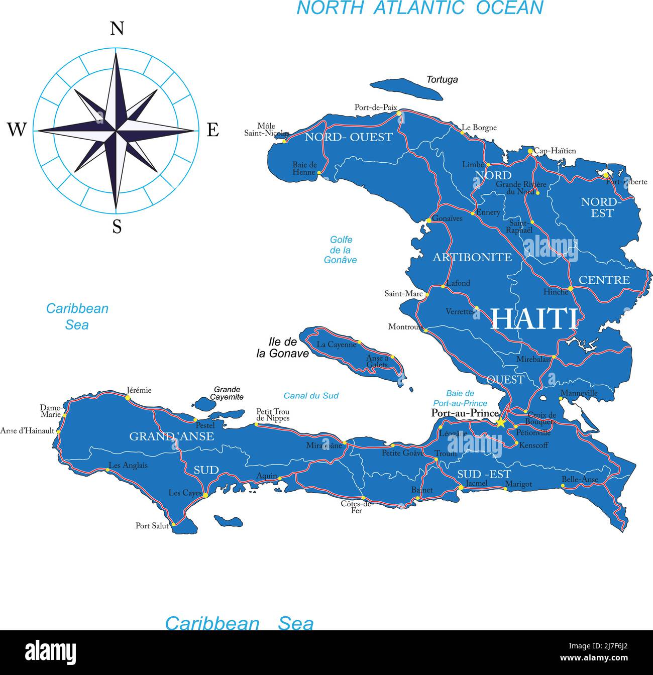 Hochdetaillierte Vektorkarte von Haiti mit Verwaltungsregionen, Hauptstädten und Straßen. Stock Vektor