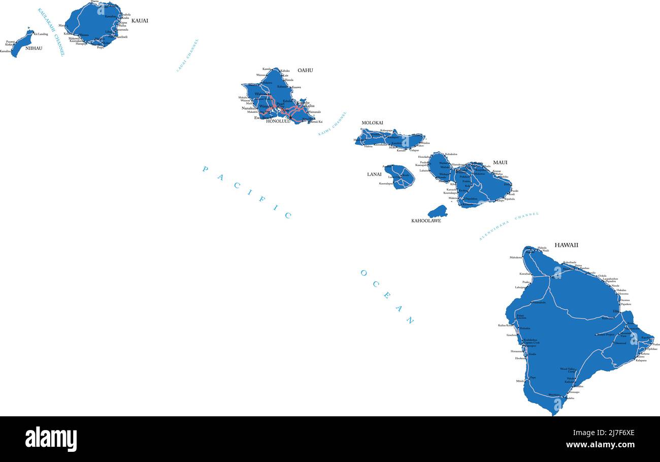 Hochdetaillierte Vektorkarte von Hawaii mit Verwaltungsregionen, Hauptstädten und Straßen. Stock Vektor