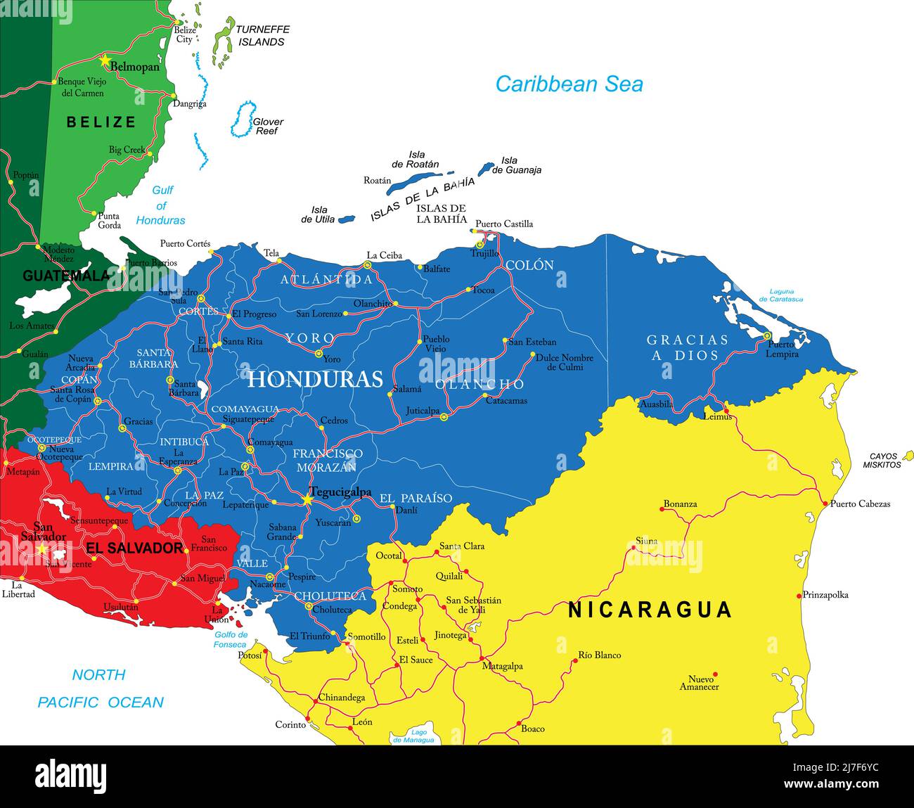 Sehr detaillierte Vektorkarte von Honduras mit Verwaltungsregionen, Hauptstädten und Straßen. Stock Vektor