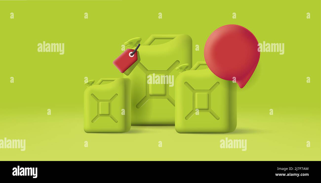3D Abbildung von Öl- oder Benzinbehältern mit rotem Preisschild, monochromgrün gerendert. Vektorgrafik Stock Vektor