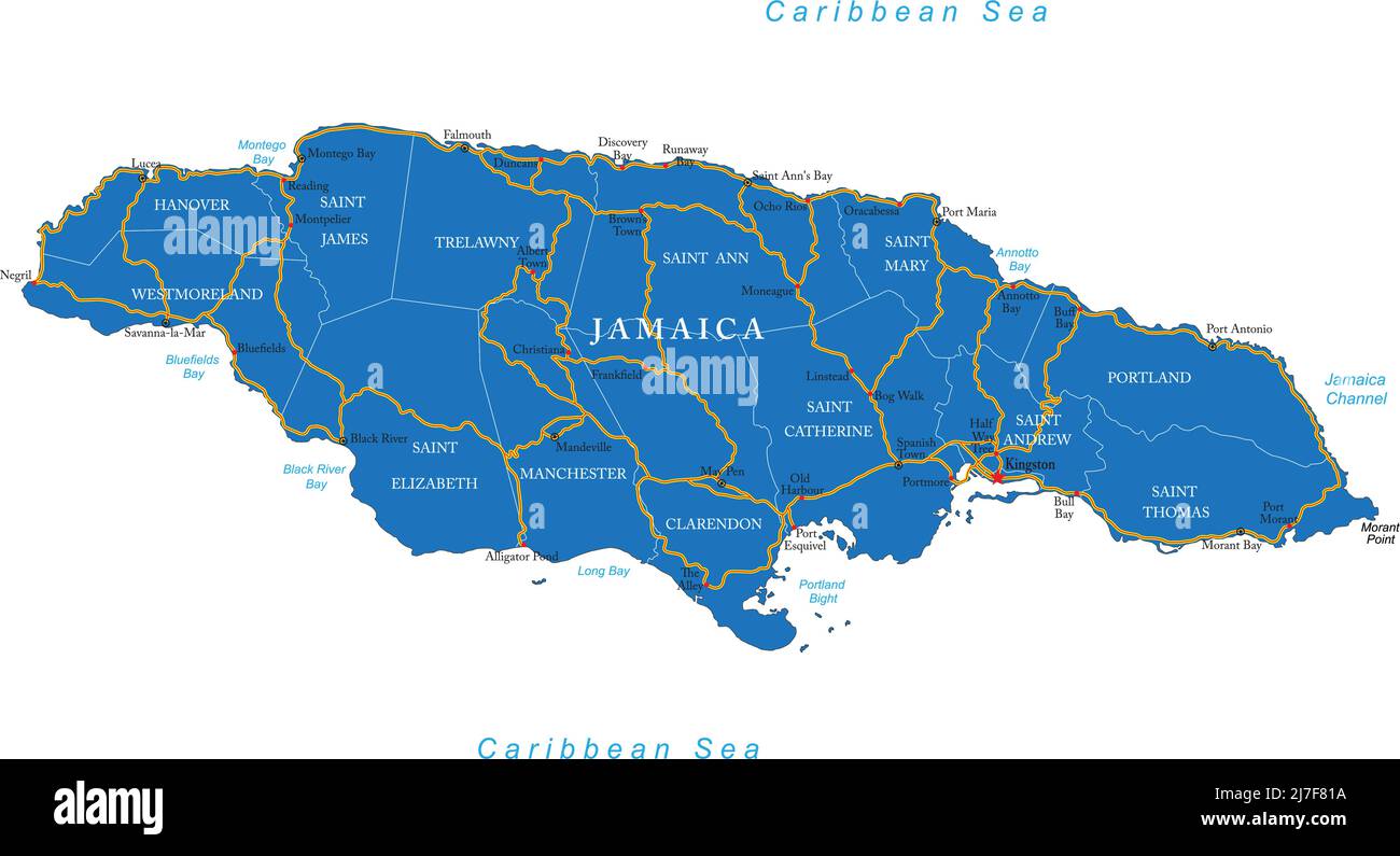 Hochdetaillierte Vektorkarte von Jamaika mit Verwaltungsregionen, Hauptstädten und Straßen. Stock Vektor