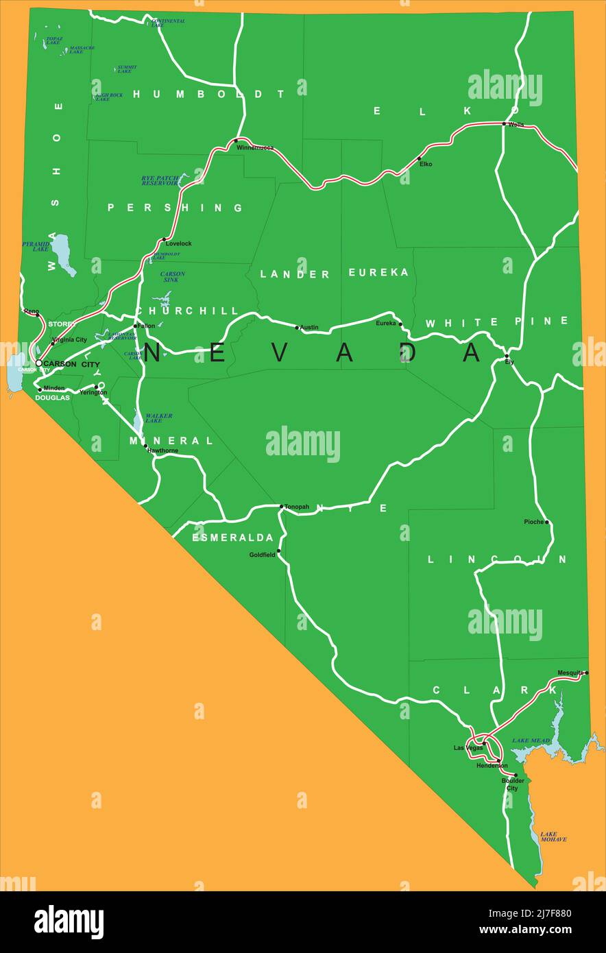 Sehr detaillierte Vektorkarte von Nevada mit Grafschaft, Hauptstädten und Straßen. Stock Vektor