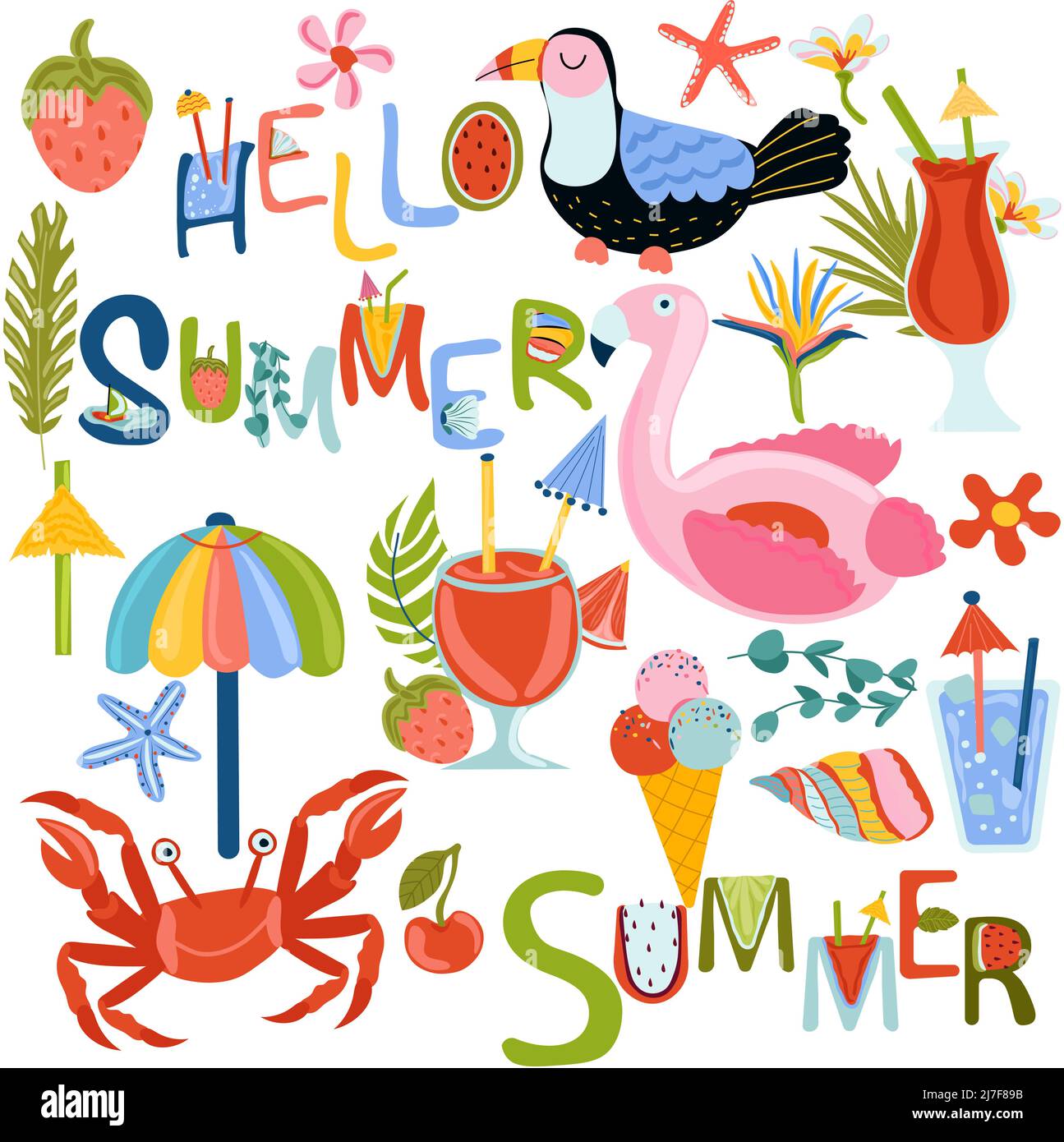 Set aus niedlichen Elementen, aufblasbarem Flamingo-Spielzeug, tropischen Blättern, Früchten, Cocktails, Krabben und andere. Hello Summer Lettering perfekt für Postkarte, Scrapbooking, Strandparty. Vektor. Stock Vektor