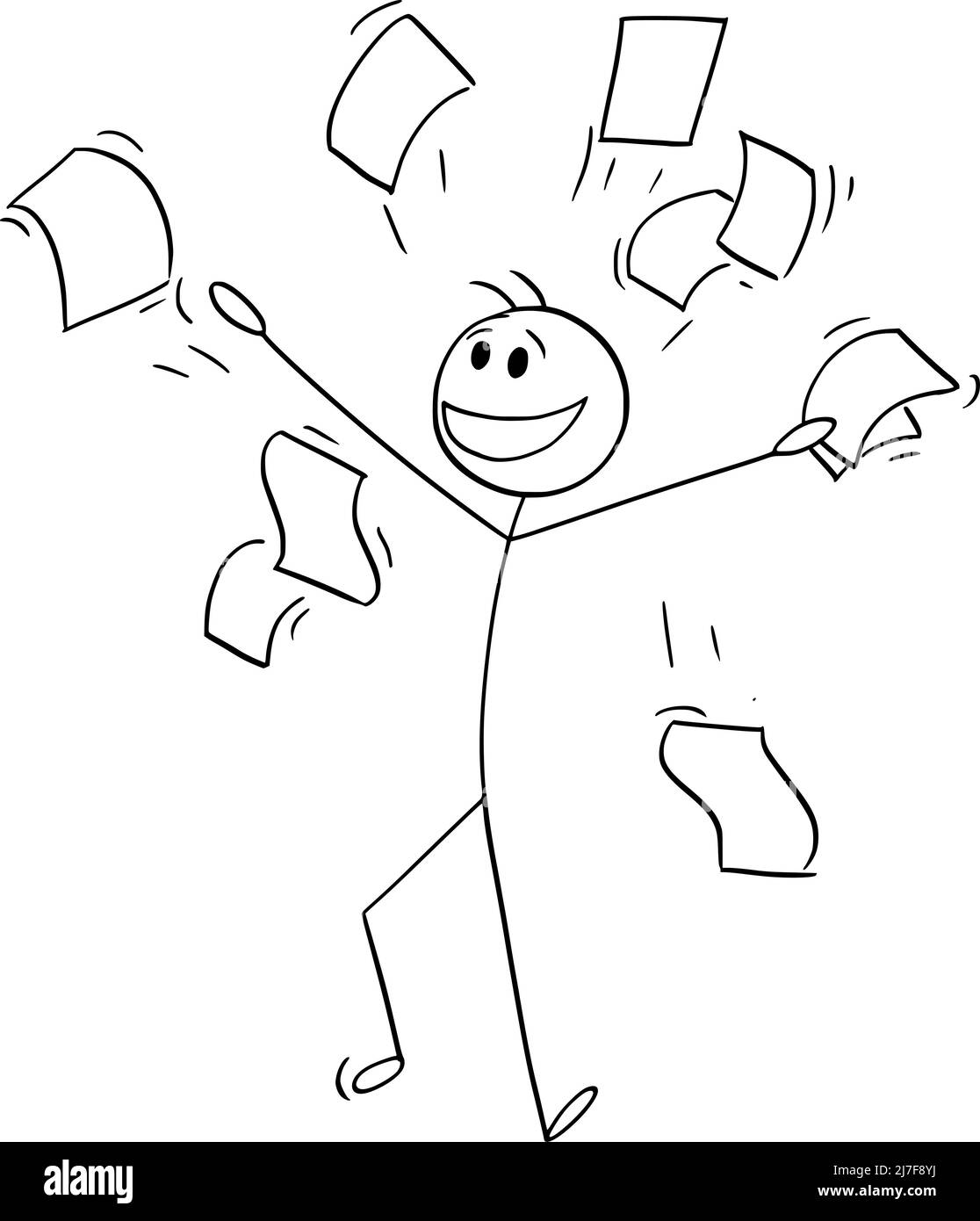 Glückliche Person oder Geschäftsmann lächeln und werfen Papiere in der Luft, Vektor Cartoon Stick Abbildung Stock Vektor