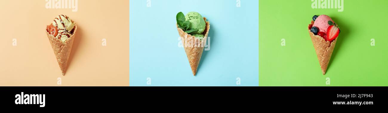 Eis. Collage von Eis auf verschiedenen Farb-Hintergründen. Eis-Collage Stockfoto