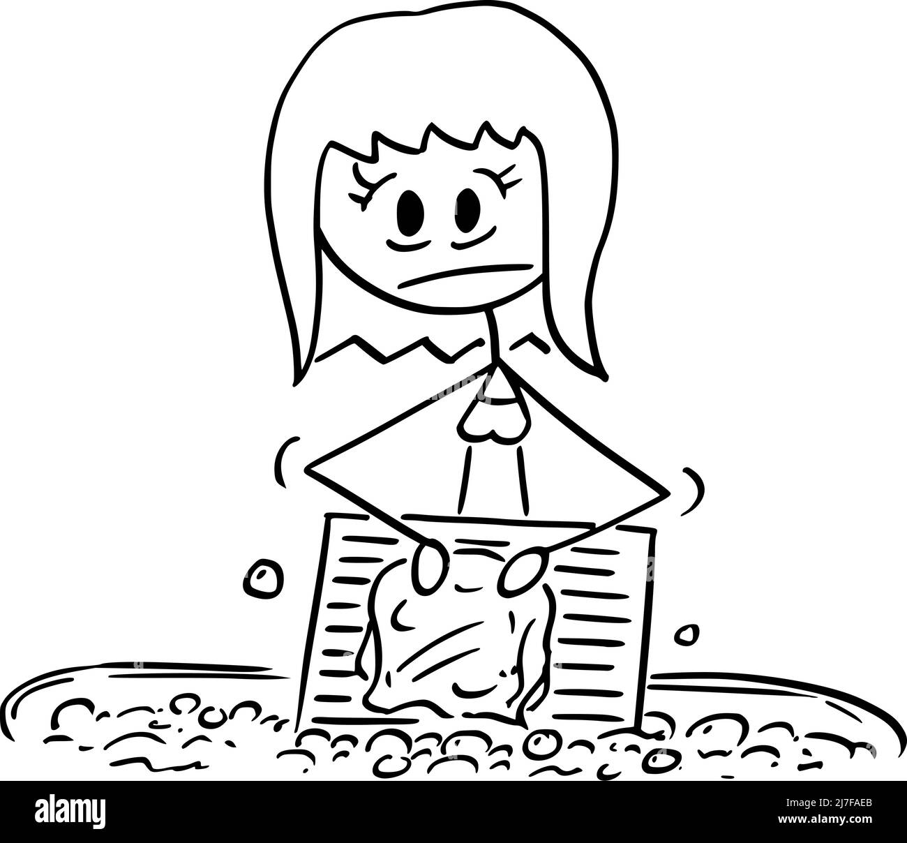 Frau, die Kleidung auf dem Waschbrett wäscht oder wäscht, Vektor-Cartoon-Stick-Abbildung Stock Vektor