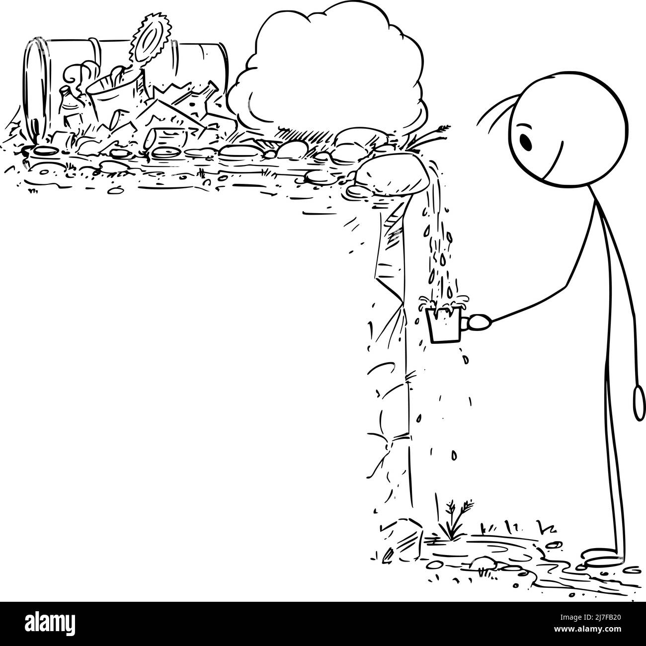 Person, die verschmutztes oder kontaminiertes Wasser in der Natur aus der Quelle oder dem Brunnen trinkt, Vektor-Cartoon-Stick-Abbildung Stock Vektor