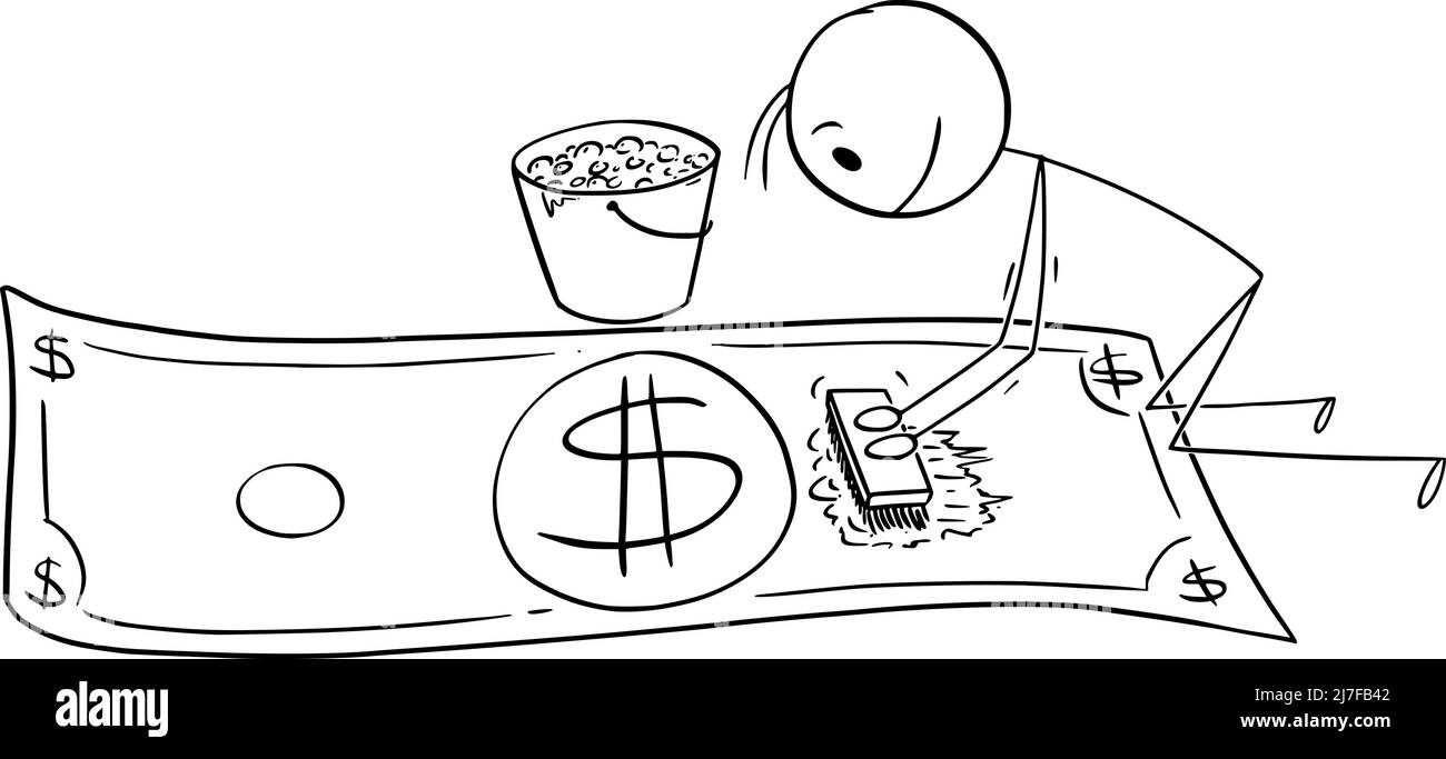 Person, Krimineller oder Geschäftsmann, der Geld wäschert, oder Dollarschein, Vektorgrafik Cartoon Stick Figure Illustration Stock Vektor