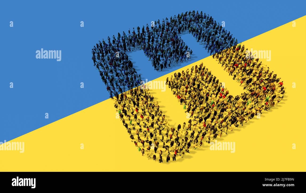 Konzept oder konzeptionelle große Gemeinschaft von Menschen, die das Krankenhaus Zeichen auf ukrainische Flagge bilden. 3D Illustration Metapher für die Hilfe im Gesundheitswesen, medi Stockfoto