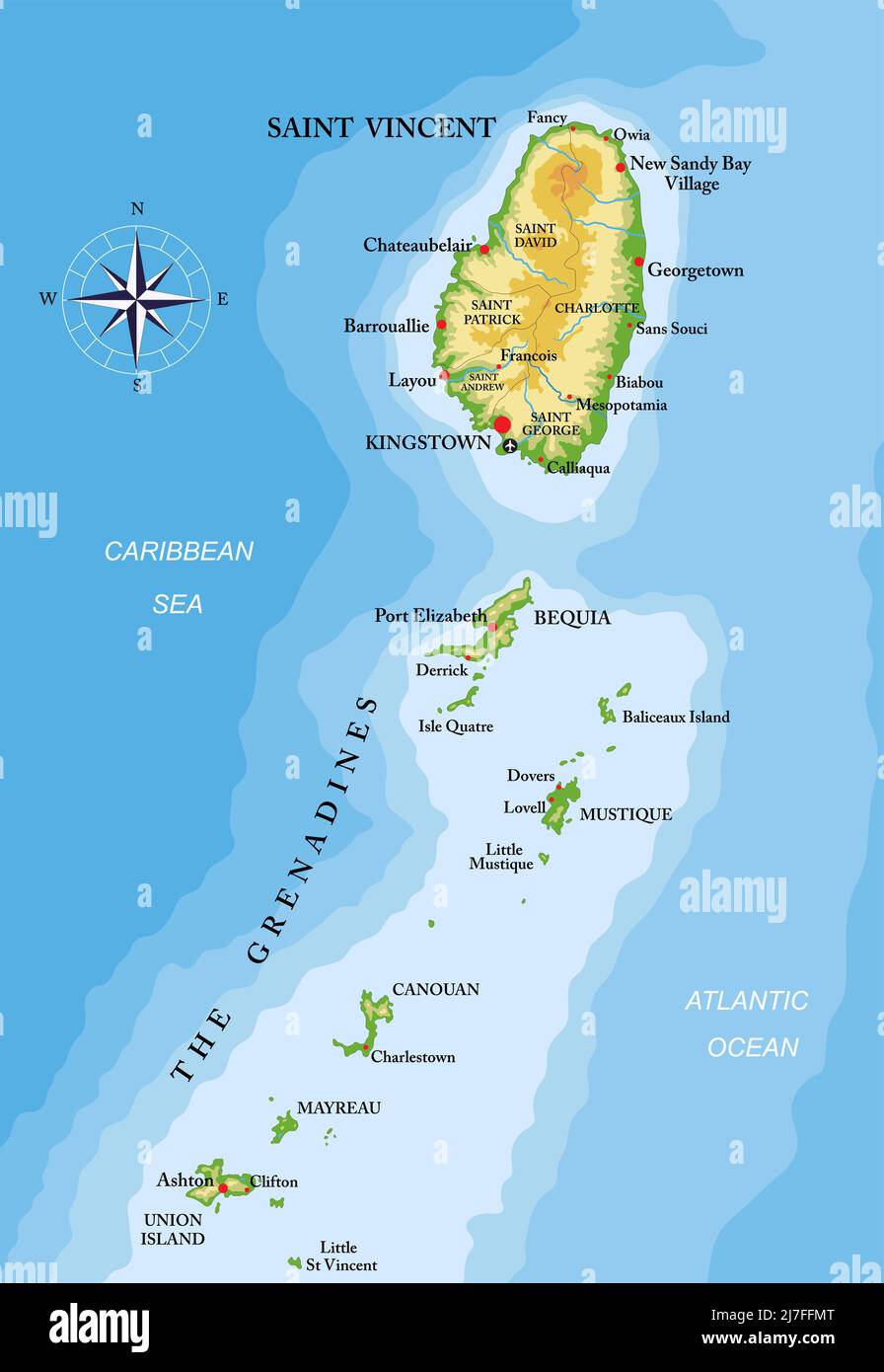 Sehr detaillierte physische Karte von St. Vincent und den Grenadinen-Inseln, im Vektorformat, mit allen Reliefformen, Regionen und großen Städten. Stock Vektor