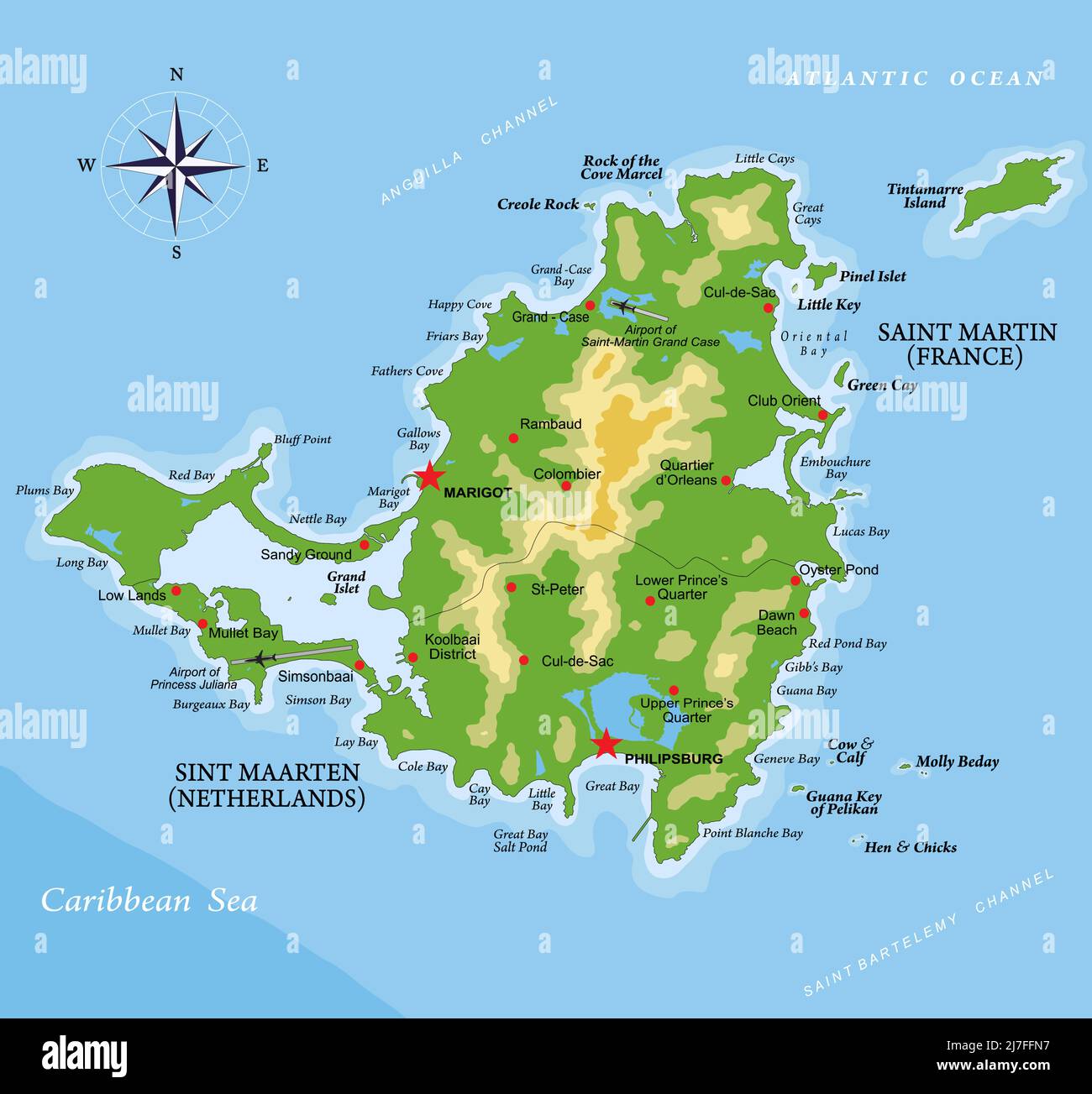 Sehr detaillierte physische Karte der Insel Saint Martin, im Vektorformat, mit allen Reliefformen, Regionen und großen Städten. Stock Vektor