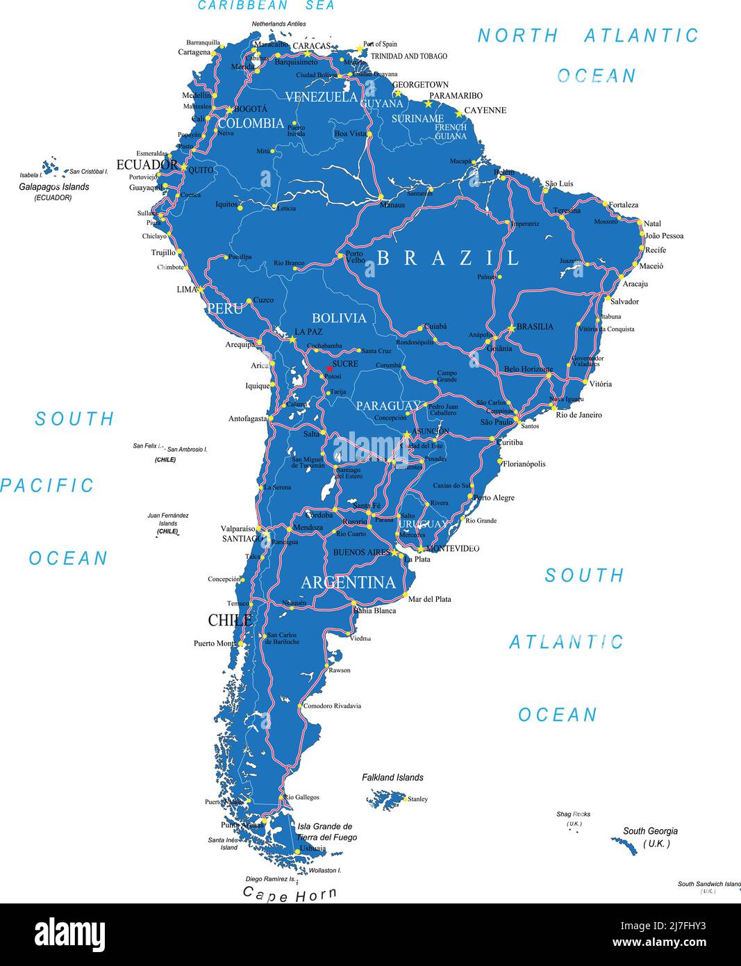 Hochdetaillierte Vektorkarte von Südamerika mit Ländern, Hauptstädten und Straßen. Stock Vektor