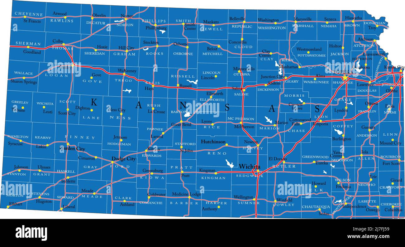 Detaillierte Karte des Staates Kansas, im Vektorformat, mit Landesgrenzen, Straßen und großen Städten. Stock Vektor
