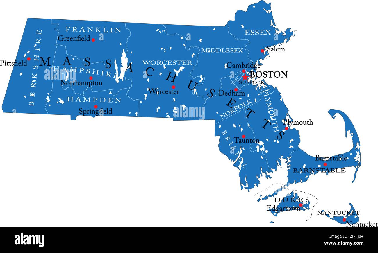 Detaillierte Karte des Bundesstaates Massachusetts, im Vektorformat, mit Landesgrenzen und großen Städten. Stock Vektor