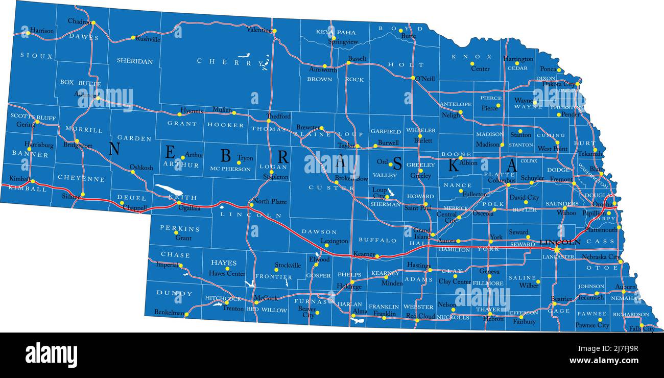 Detaillierte Karte des Staates Nebraska, im Vektorformat, mit Kreisgrenzen, Straßen und großen Städten. Stock Vektor