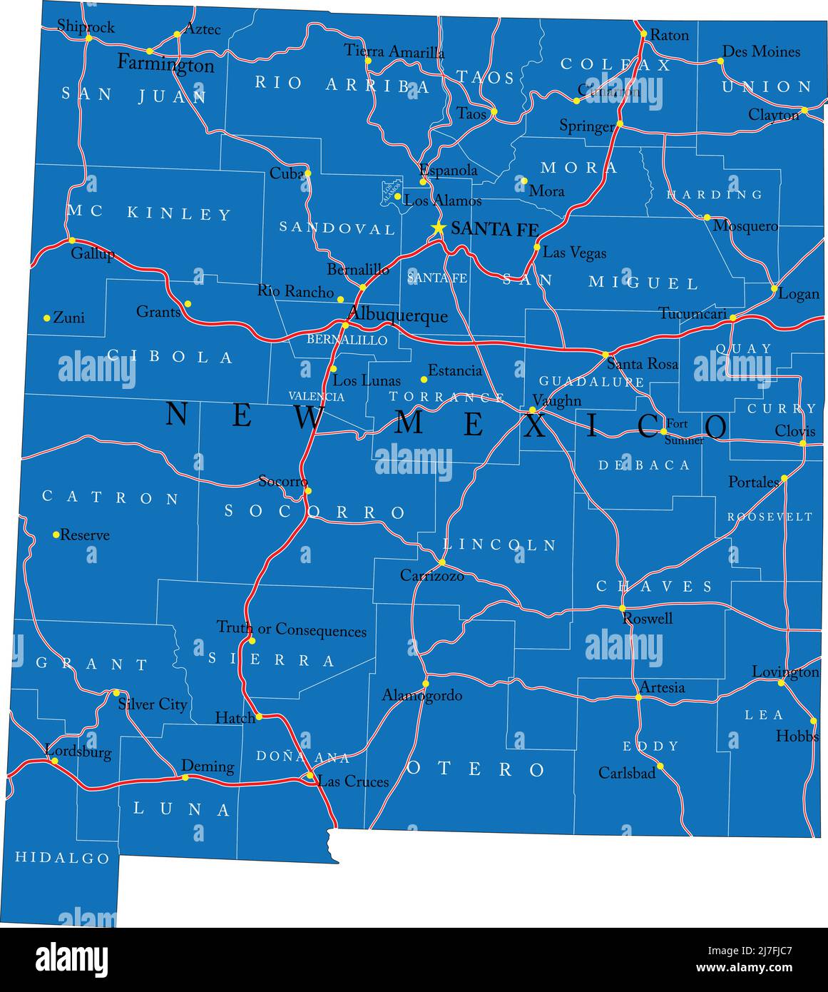 Detaillierte Karte des Staates New Mexico, im Vektorformat, mit Kreisgrenzen, Straßen und großen Städten. Stock Vektor