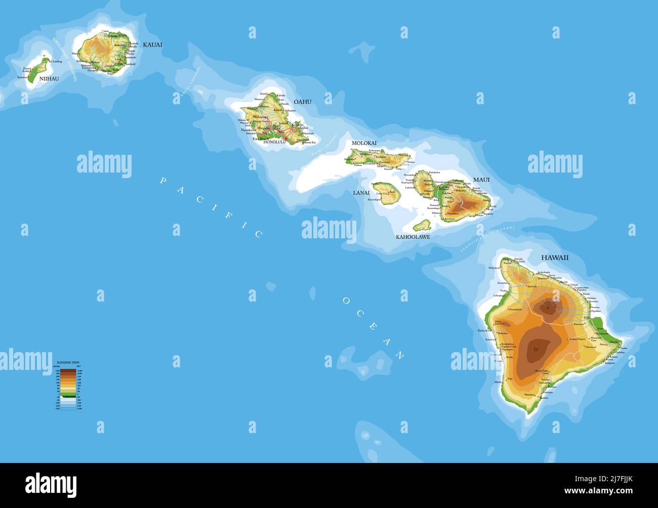 Sehr detaillierte physische Karte der Hawaii-Inseln, im Vektorformat, mit allen Reliefformen, Straßen, Regionen und großen Städten. Stock Vektor