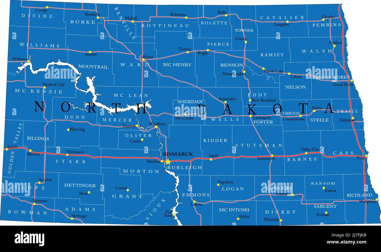 Detaillierte Karte des Staates North Dakota, im Vektorformat, mit Kreisgrenzen, Straßen und großen Städten. Stock Vektor