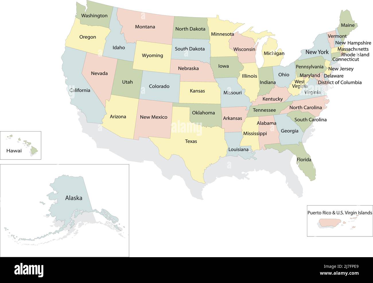 Politische Landkarte der Vereinigten Staaten von Amerika mit Schlagschatten auf weißem Hintergrund Stock Vektor