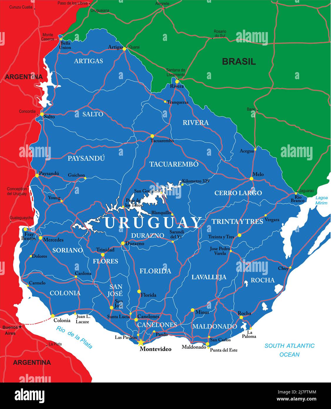 Uruguay Detaillierte Vektorkarte mit Landesgrenzen, Kreisnamen, Hauptstraßen und einer sehr detaillierten staatlichen Silhouette. Stock Vektor
