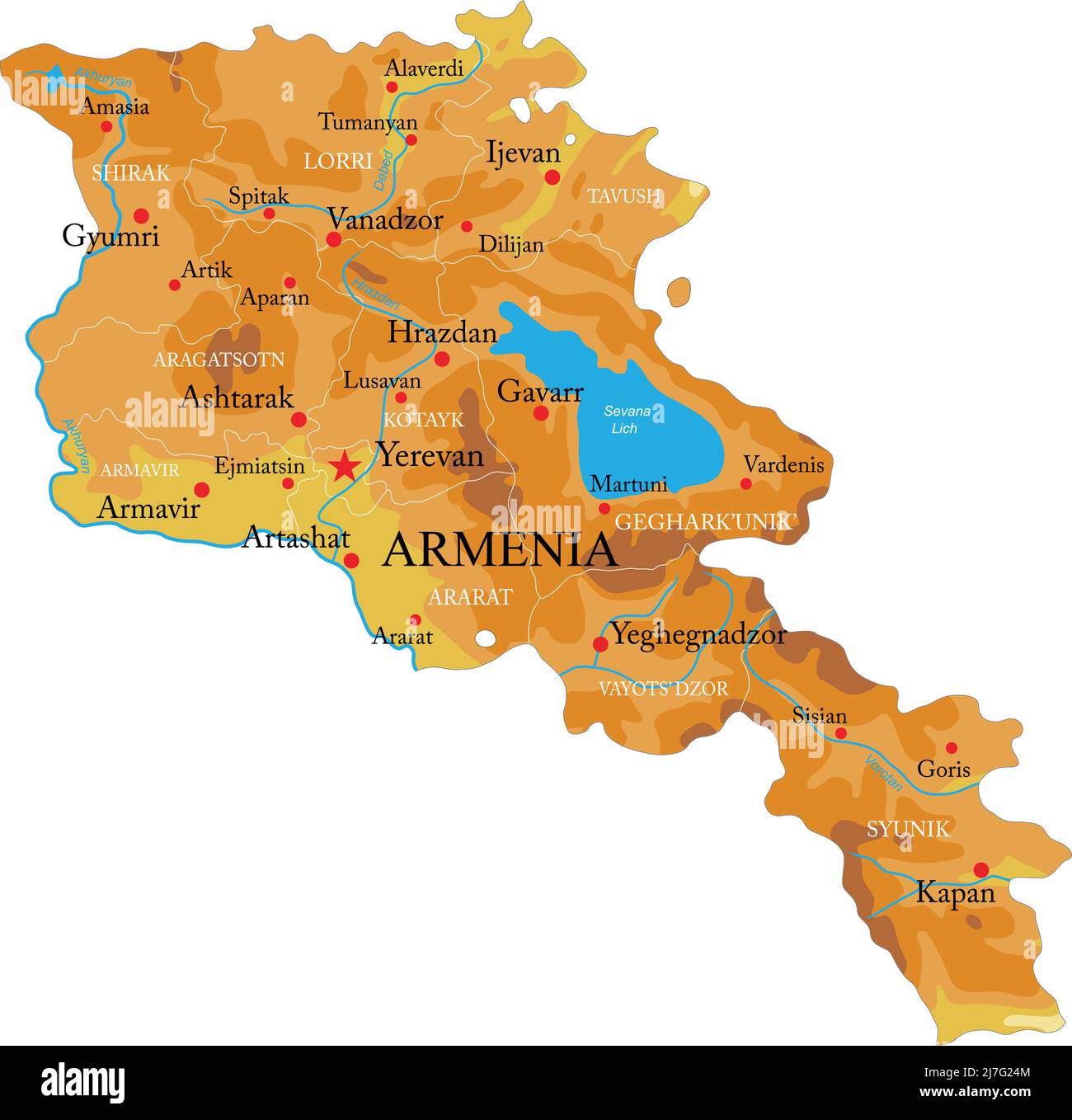 Sehr detaillierte physische Karte von Armenien, im Vektorformat, mit allen Reliefformen, Regionen und großen Städten. Stock Vektor