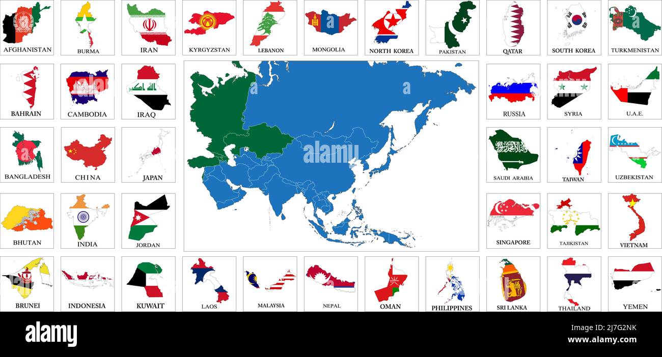 Sehr detaillierter Satz von Vektor-Flaggenkarten aller asiatischen Länder. Stock Vektor
