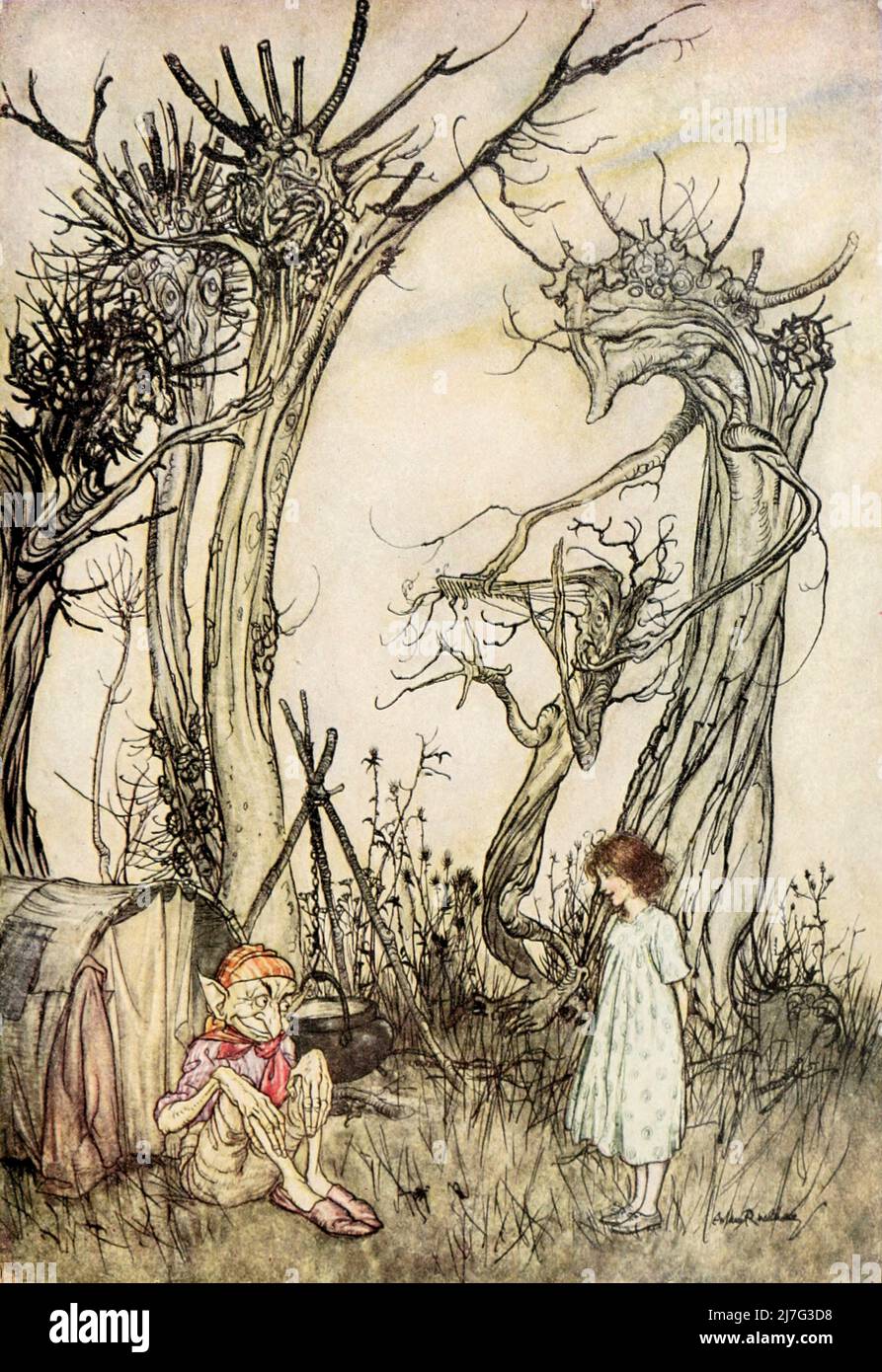 Der Mann in der Wüste fragte mich: Wie viele Erdbeeren wuchsen im Meer? Ich antwortete ihm, wie ich dachte, gut, so viele wie Rotheringe wuchs im Wald von "Mother Goose die alten Kinderreime" illustriert von Arthur Rackham, Veröffentlicht in 1913 Stockfoto