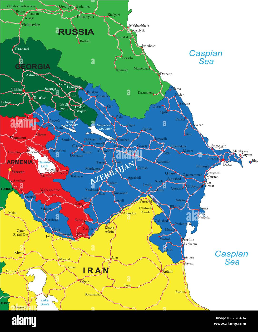 Aserbaidschan sehr detaillierte Vektorkarte mit Verwaltungsregionen, Hauptstädten und Straßen. Stock Vektor