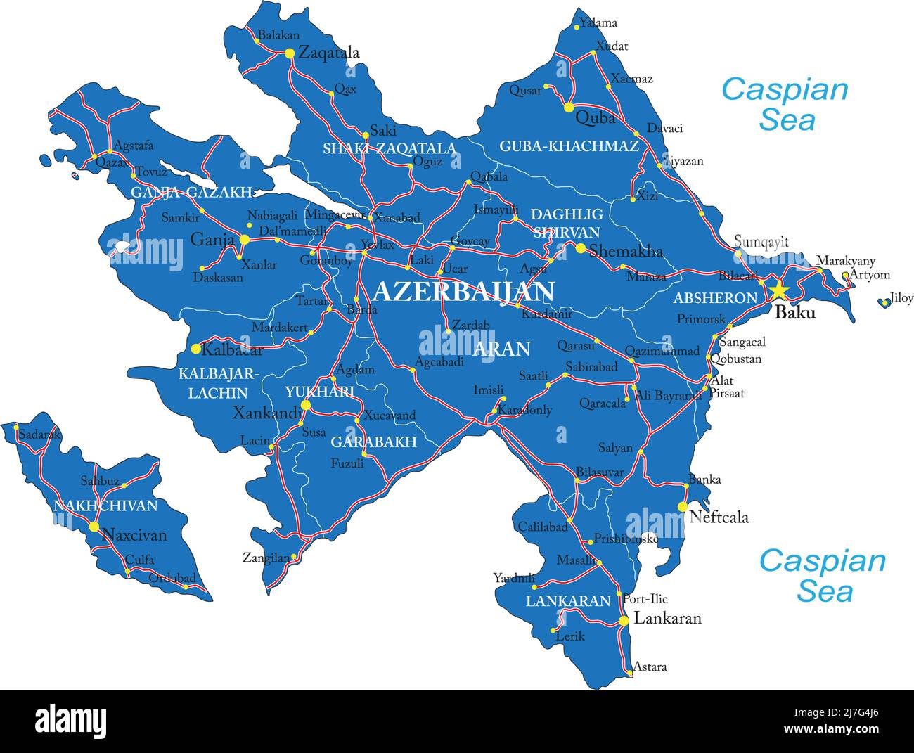 Hochdetaillierte Vektorkarte von Aserbaidschan mit Verwaltungsregionen, Hauptstädten und Straßen. Stock Vektor