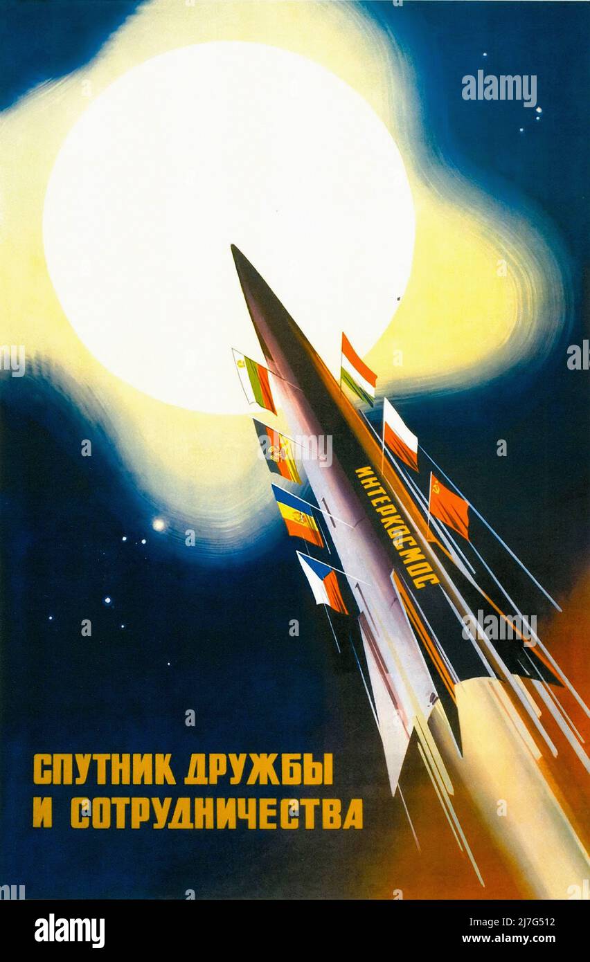 Vintage 1950s Sowjetisches Weltraumpropaganda-Poster - Sputnik of Friendship & Cooperation Stockfoto