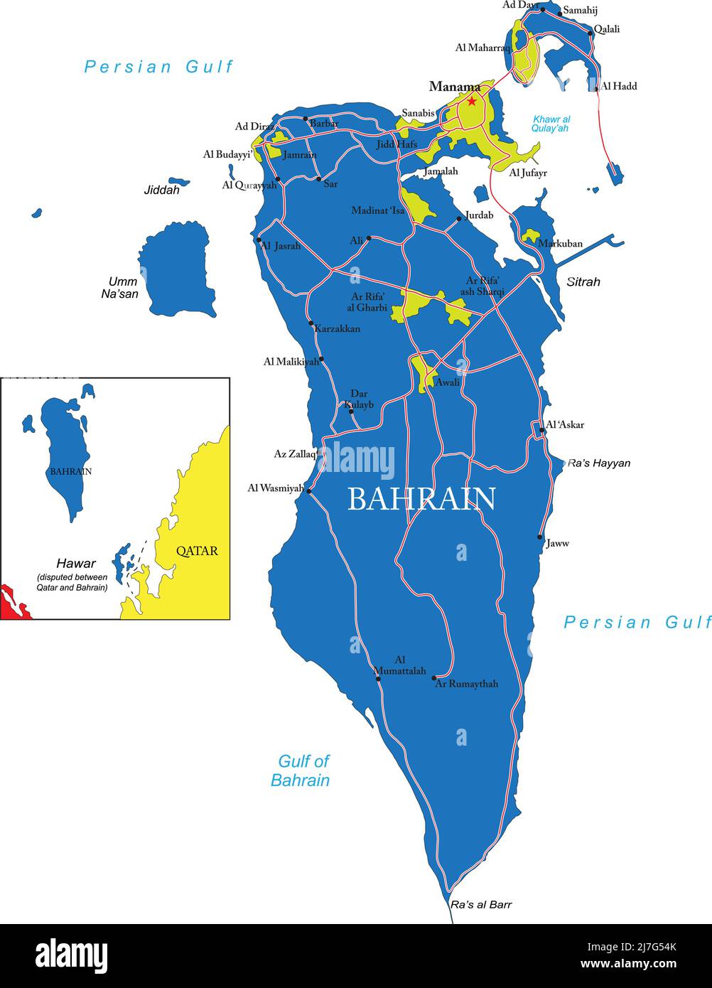 Bahrain hoch detaillierte Vektorkarte mit Verwaltungsregionen, Hauptstädten und Straßen. Stock Vektor