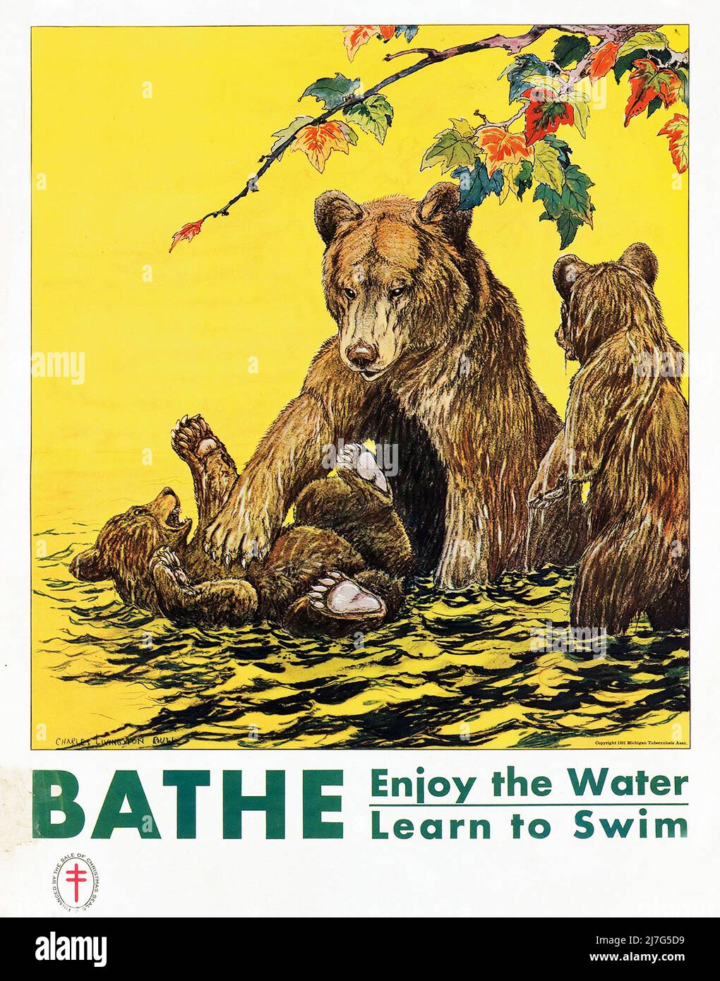 Vintage Schwimmen lernen Poster - BADEN, das Wasser genießen, Schwimmen lernen - Mutterbär mit Bärenjungen Stockfoto