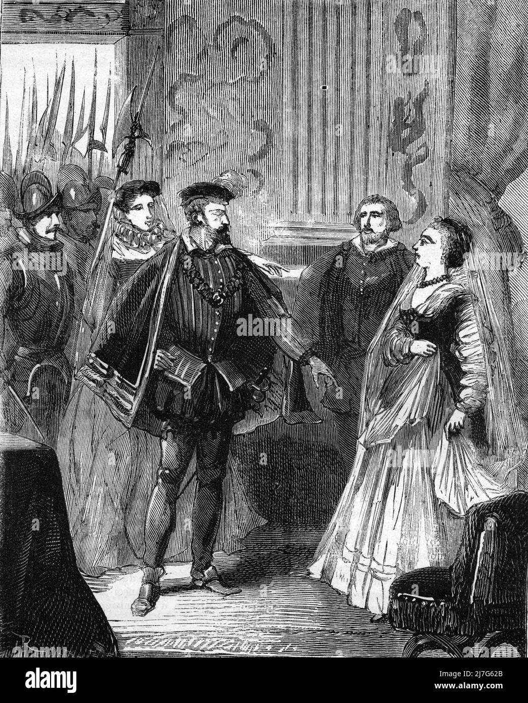 'La veuve de Charles XII Marie Tudor (1496-1533) Surprise avec Charles Brandon, duc de Suffolk, (1484-1545) favori du roi Henri VIII dans sa chambre en mars 1515 (Mary Tudor, Königin von Frankreich Witwe von König Ludwig XII, Mit Charles Brandon im Hotel de Clugny in Paris am 3. März 1515) Gravure tiree de 'Les Mysteres du Grand monde' de Fulgence Girard Collection privee Stockfoto